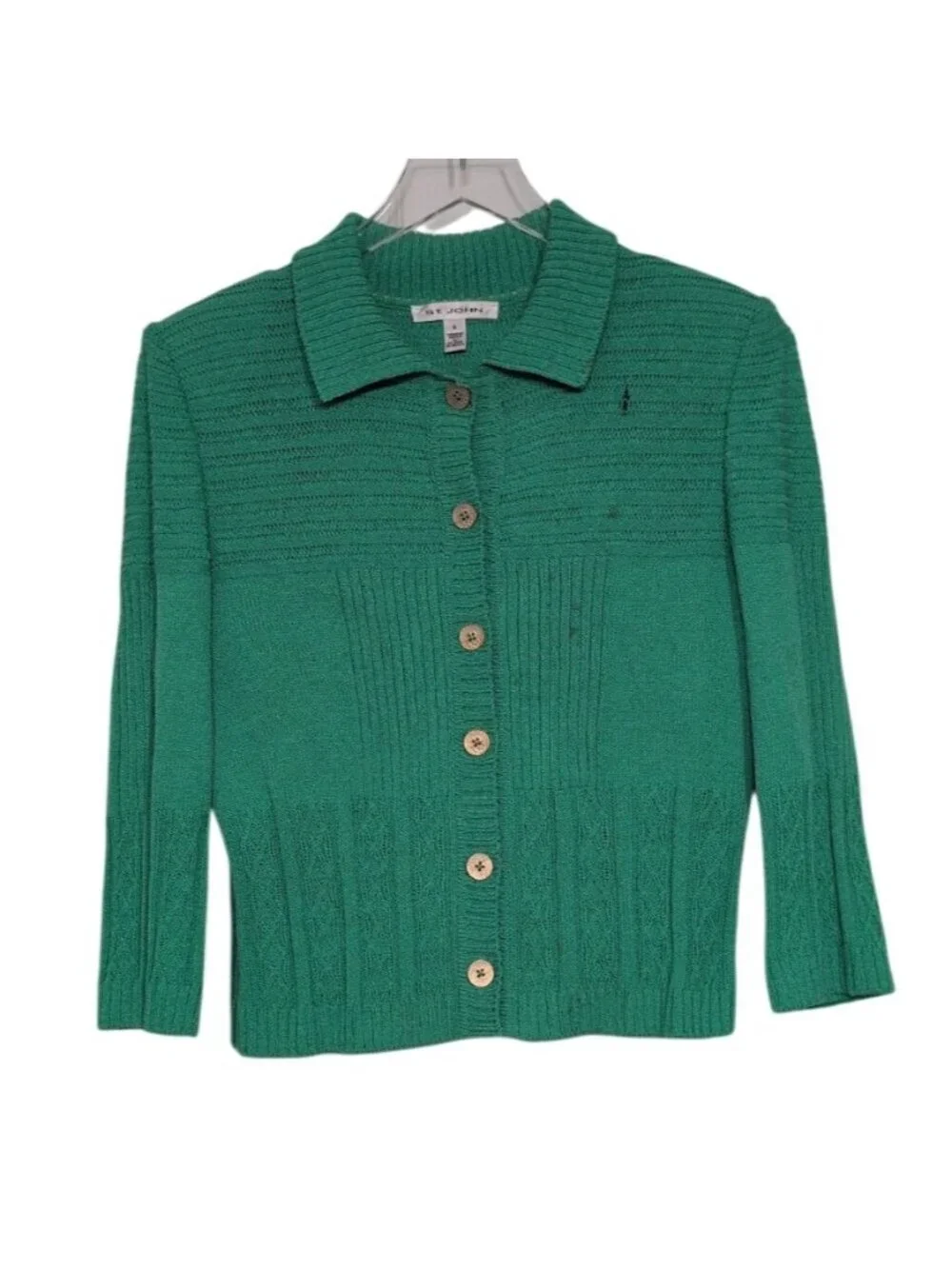 St John Santana Knit Cardigan Womens Size Small Green Wool Blend Long Sleeve